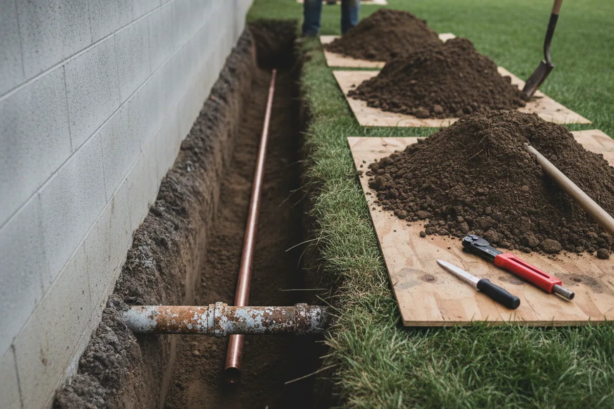 Excavated water line trench during Sewer Line Repair in Sophia